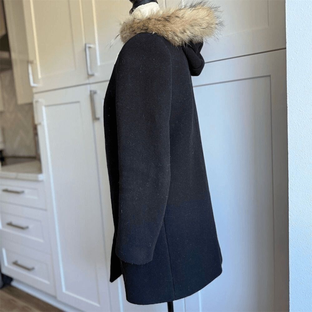 Sandro Paris Women's Black Wool Overcoat Size 40 / 8/M Fur-Trimmed Hood - Picture 6 of 9